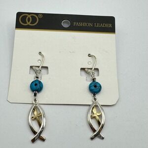Cross Silver Gold Tone Faux Turquoise Dangle Drop Earrings Faith Christian Fish